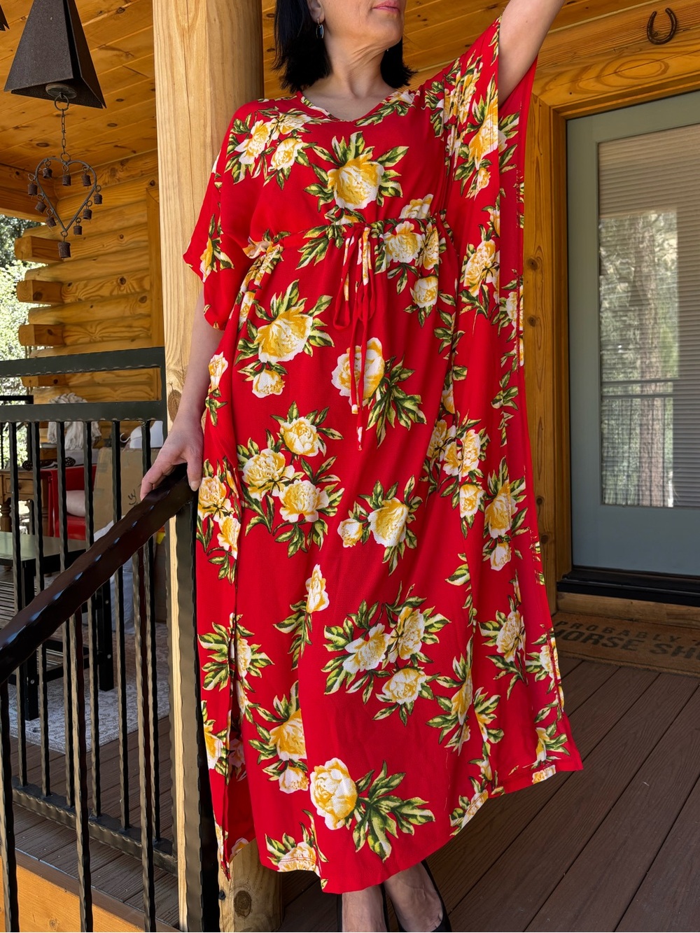 Beautiful Red Floral Maxi Dress kaftan with Yellow Rose Print